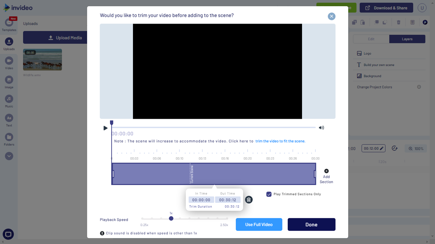 Pantalla del editor de video de InVideo para recortar el video