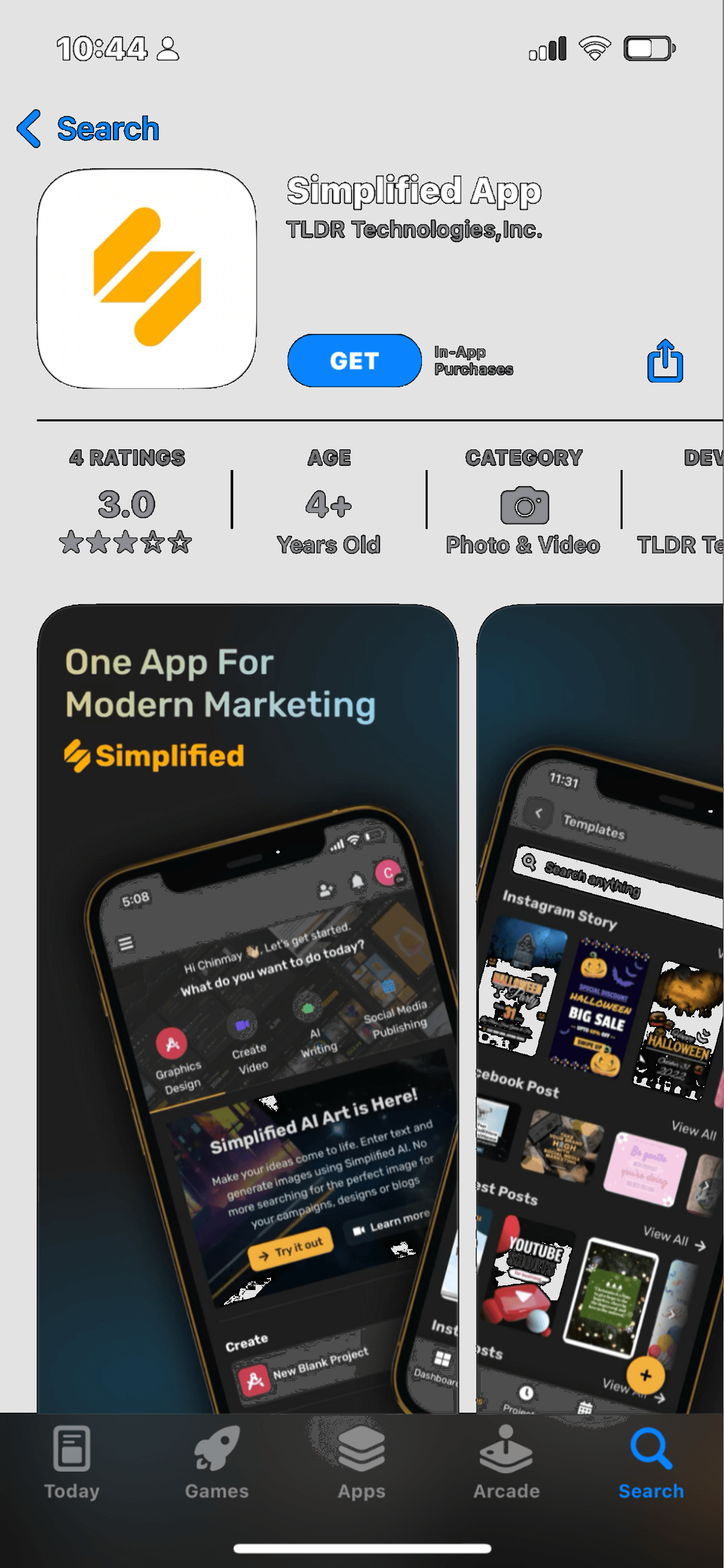 App Store page for Simplified App, rated 3.0 stars, offering modern marketing tools like AI design.