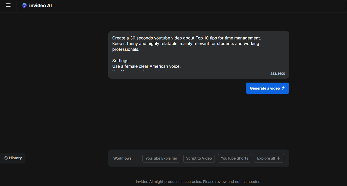 Invideo AI YouTube Explainer prompt creation tool.