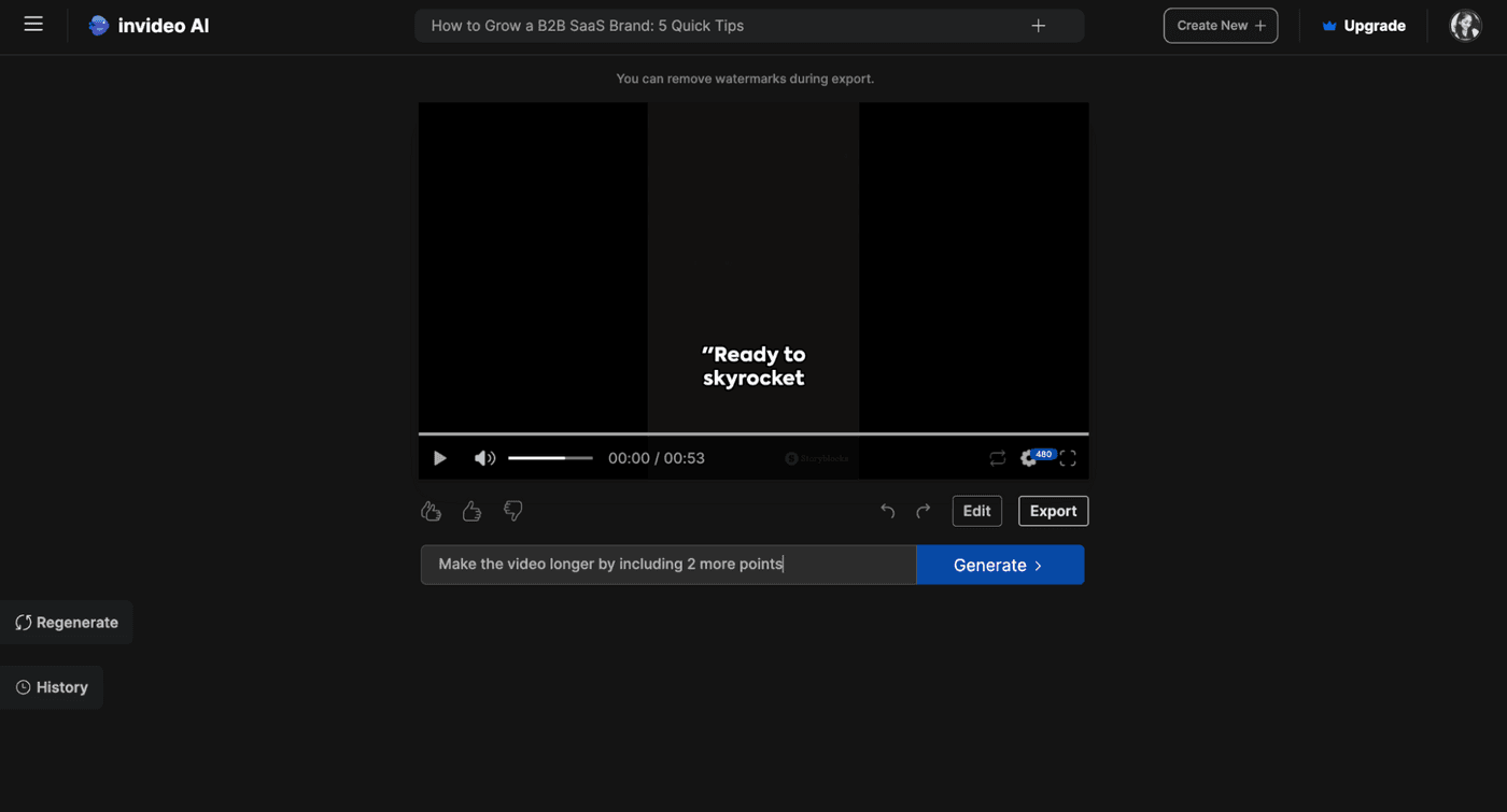 Invideo AI editing interface shows video preview for B2B SaaS tips with text 'Ready to skyrocket.