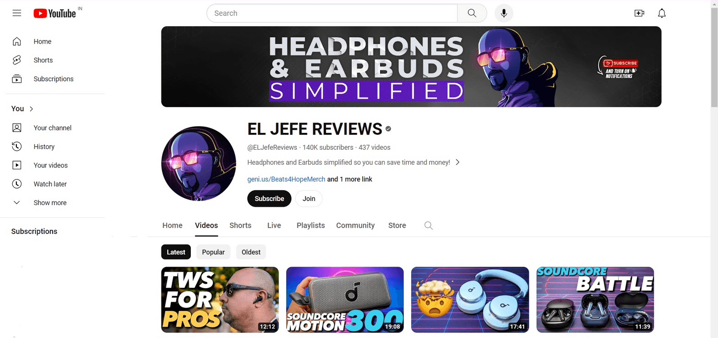 YouTube channel page of El Jefe Reviews, focusing on headphone and earbud reviews.