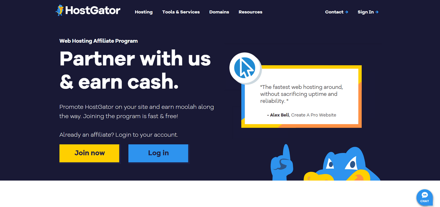 HostGator Affiliate Program page inviting partners to join and earn cash by promoting HostGator web hosting services.