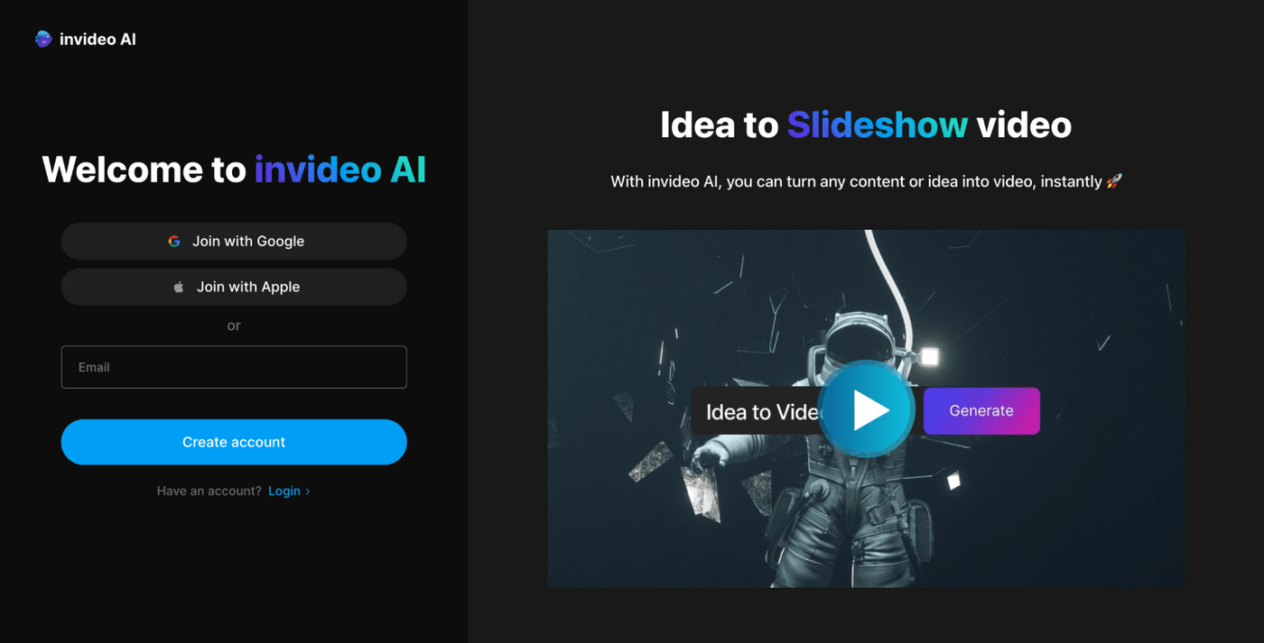 Invideo AI homepage showcasing signup options and 'Idea to Slideshow Video' with astronaut graphic.