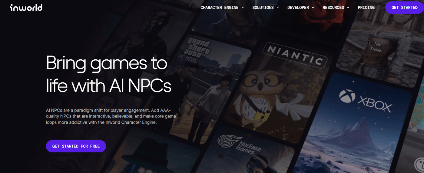 Inworld website promoting AI NPCs to enhance player engagement in games.
