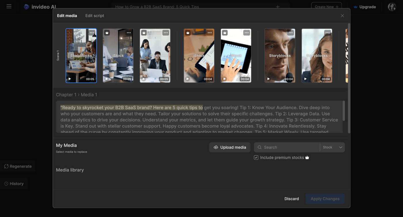 Invideo AI editing panel displays video clips and script for B2B SaaS tips with highlighted text.