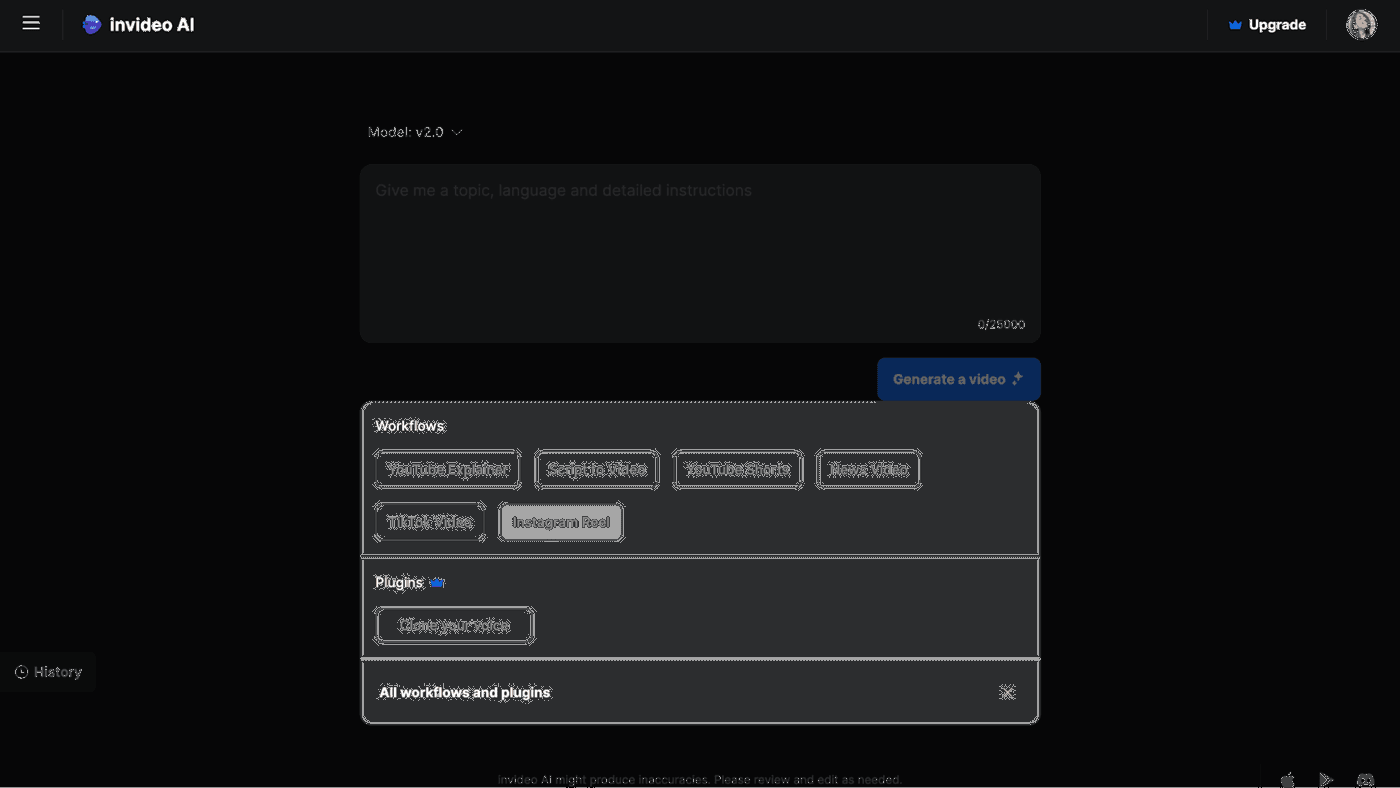 Invideo AI dashboard showcasing video workflows like YouTube Explainer, TikTok Video, and voice plugins.