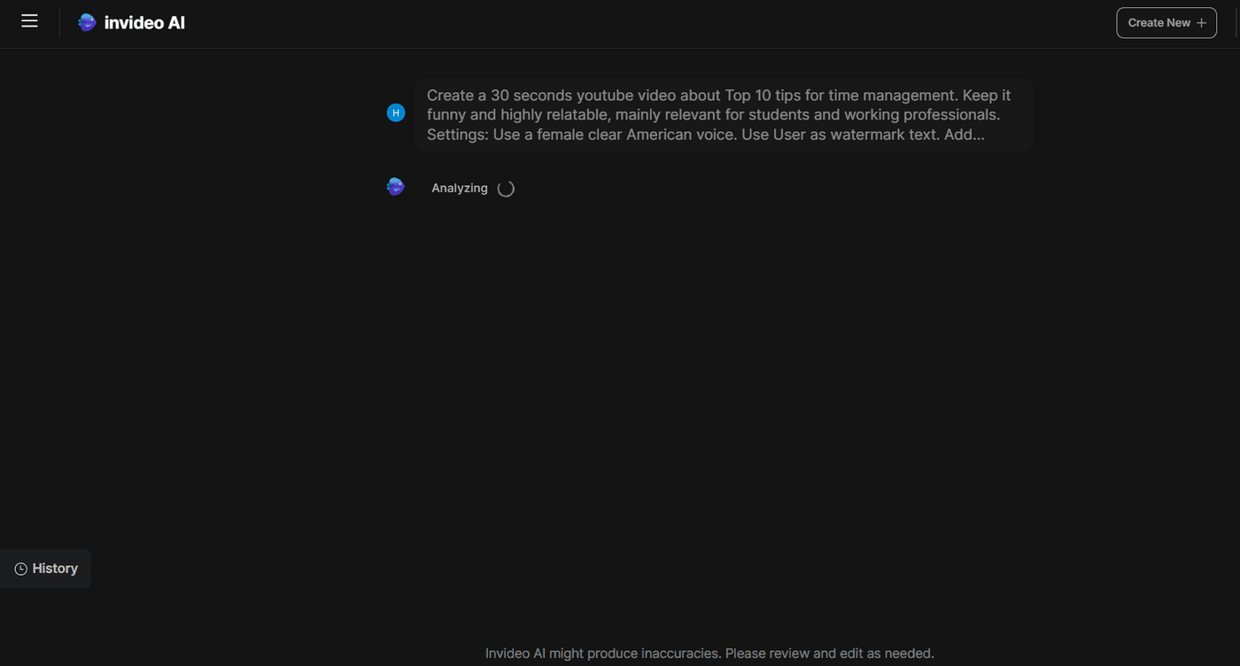 Invideo AI generating a YouTube explainer video based on a given prompt.