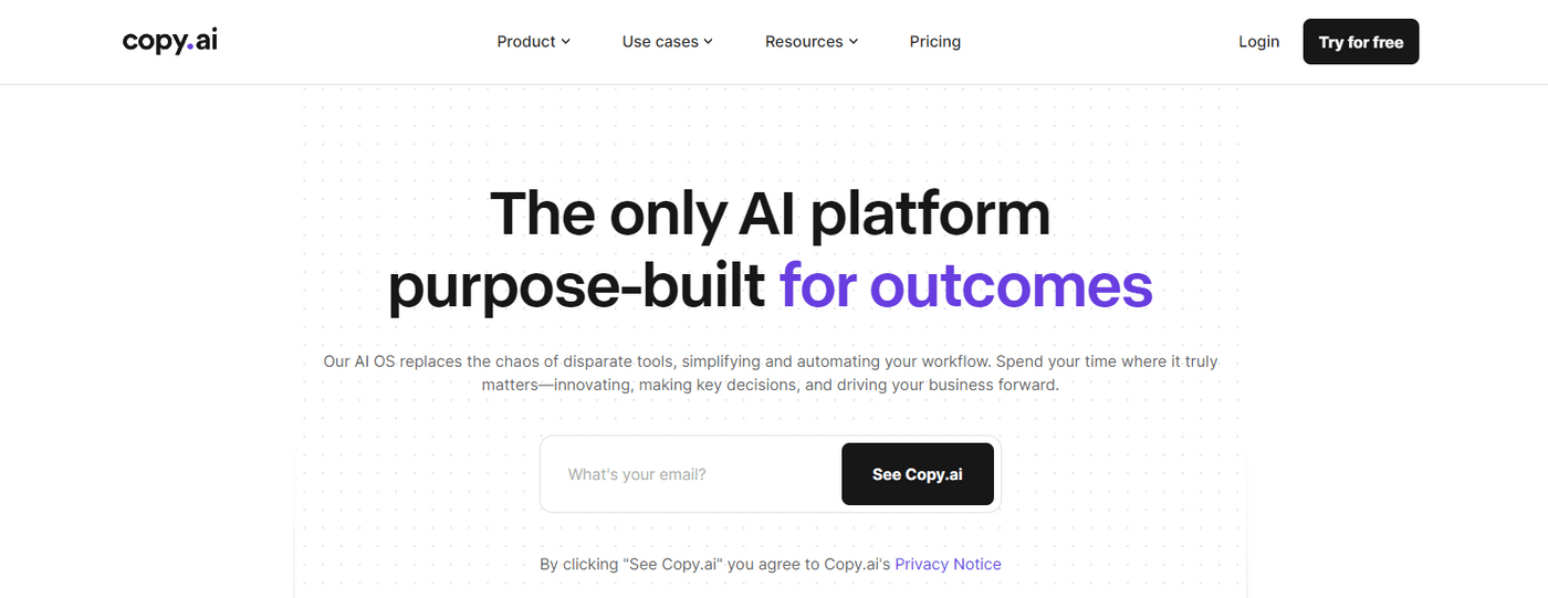 Copy.ai website promoting AI platform focused on outcome-driven automation.