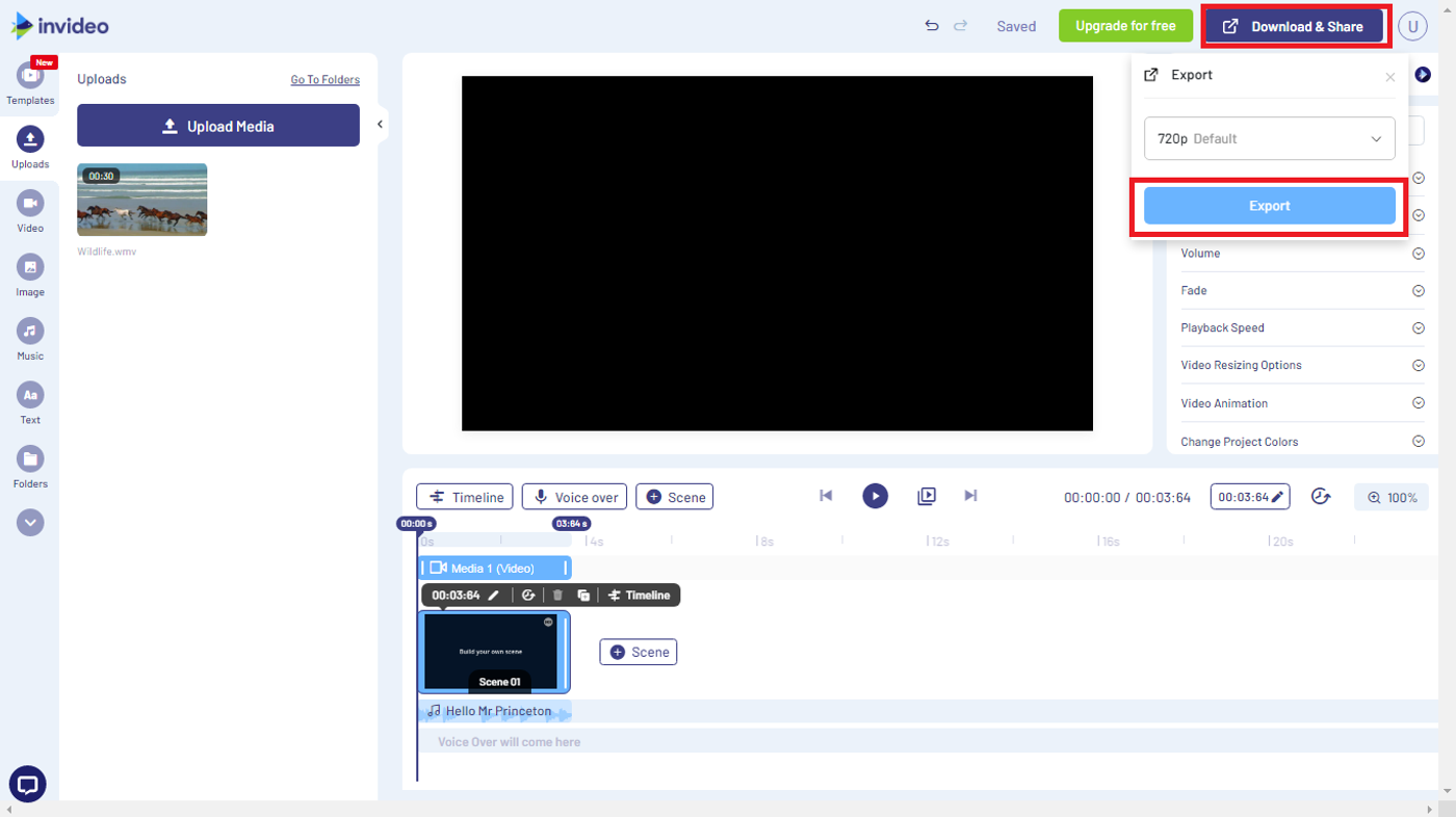 Exportando vídeo editado com o editor de vídeo gratuito da Invideo