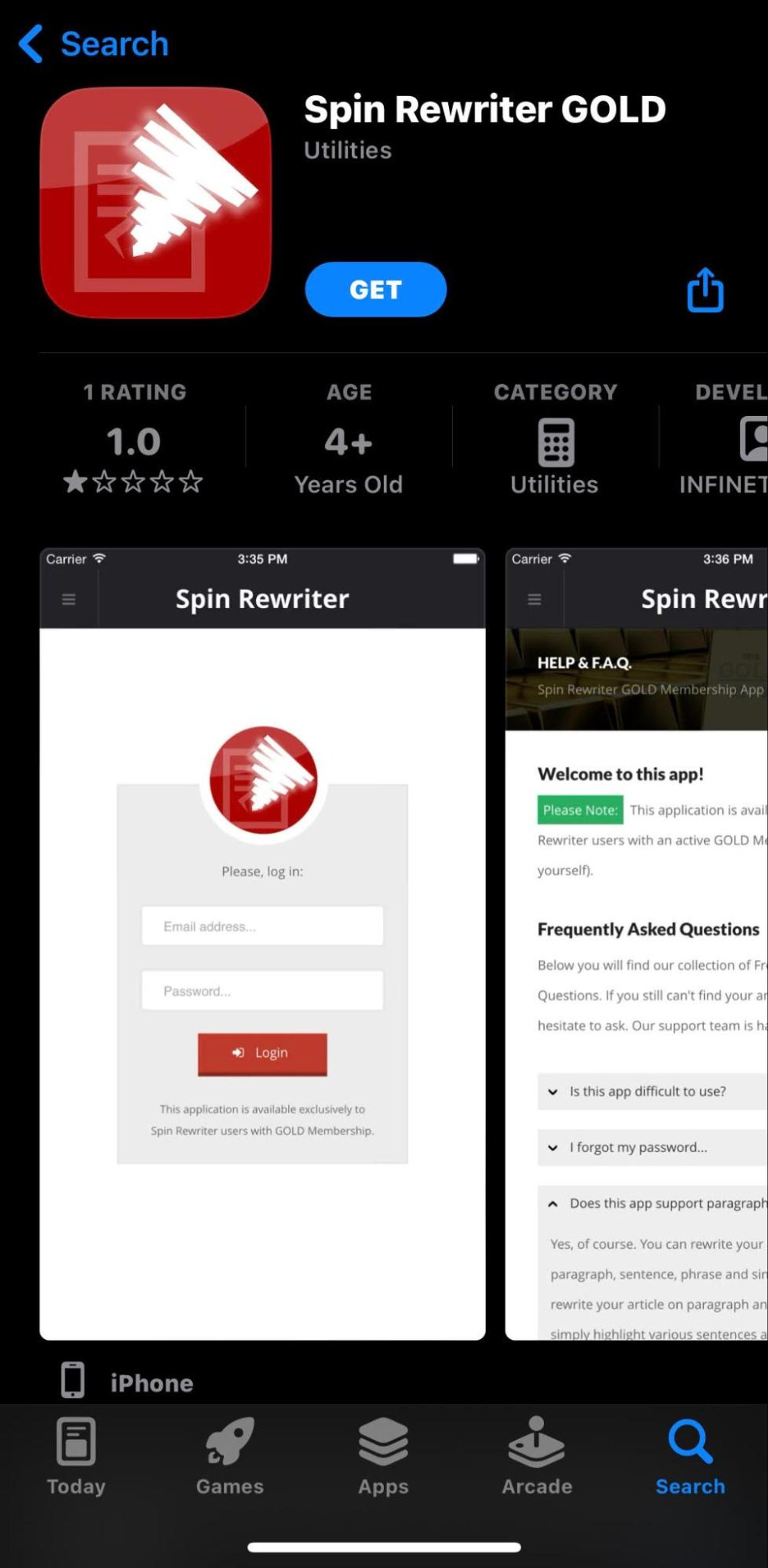 App Store page for Spin Rewriter GOLD, a utilities app with 1-star rating, offering text rewriting.