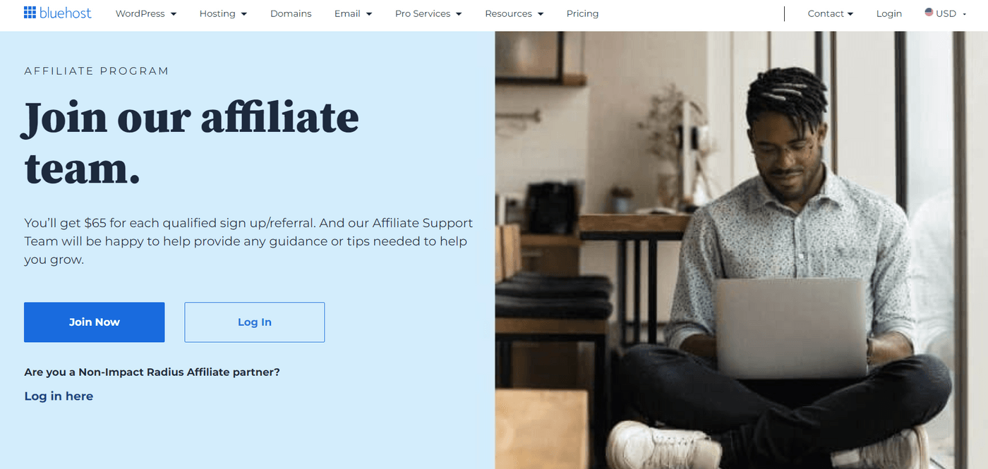Bluehost affiliate page offering $65 for each referral with support for affiliate partners to grow.