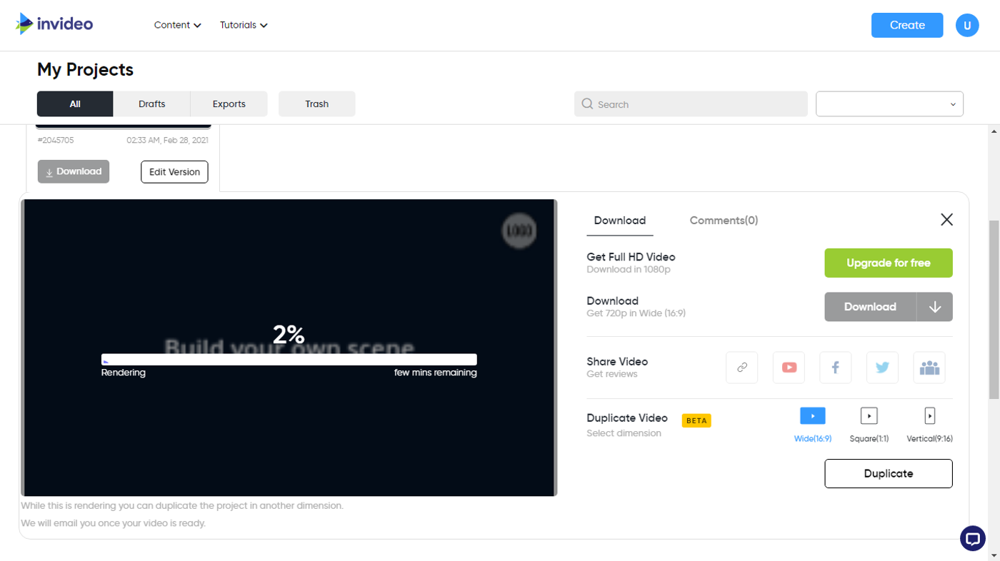 Pantalla de descarga del video editado con el editor de video gratuito de InVideo
