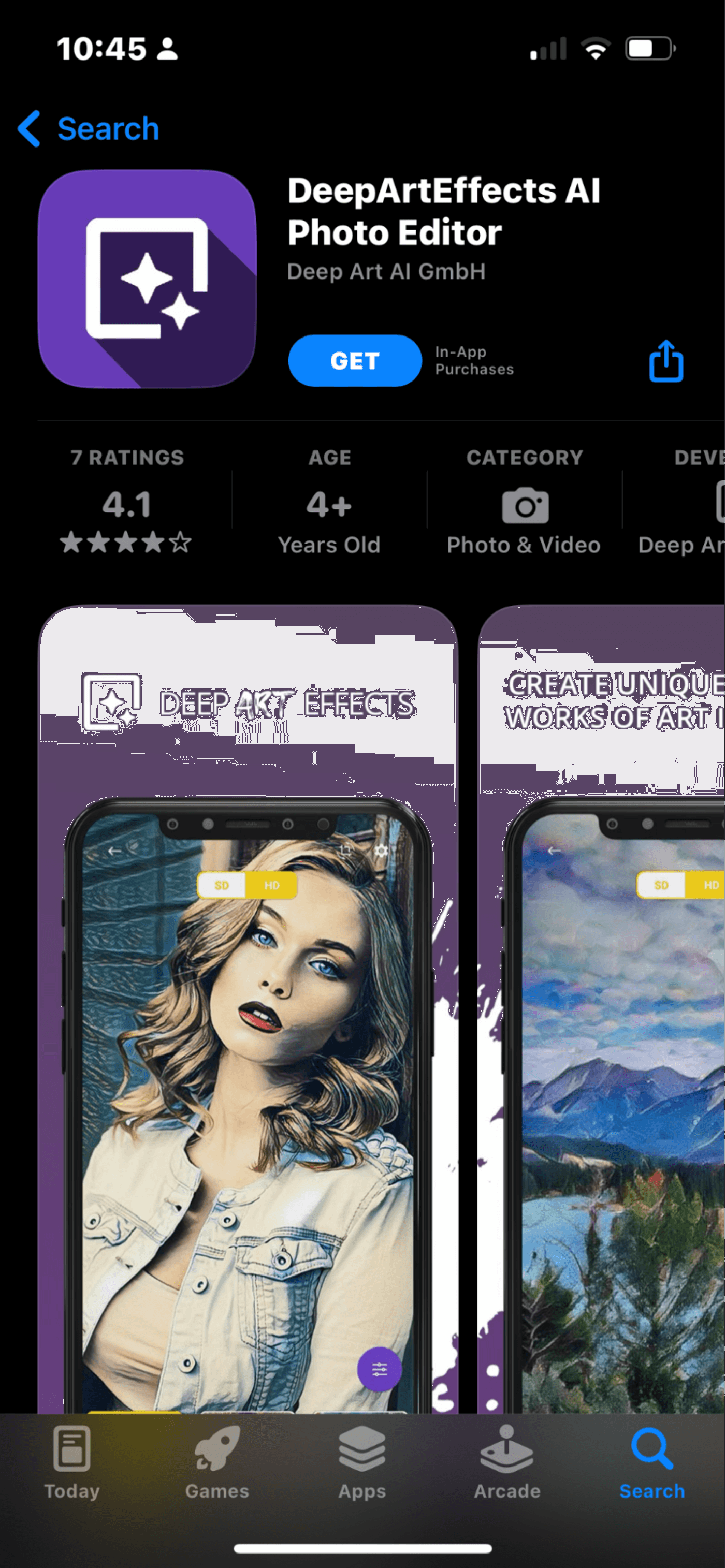 App Store page for DeepArtEffects AI Photo Editor, rated 4.1 stars, creating artistic photo transformations.