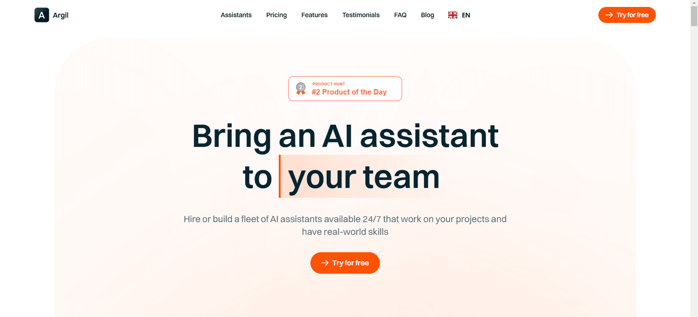 Argil website promoting AI assistants for 24/7 team support.