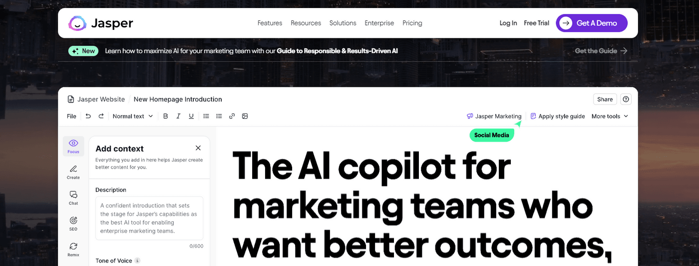 Jasper AI website showcasing AI tool for marketing team support.