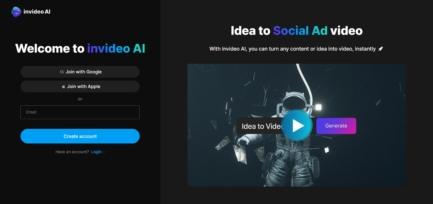Invideo AI homepage with signup options and 'Idea to Video' generator feature.
