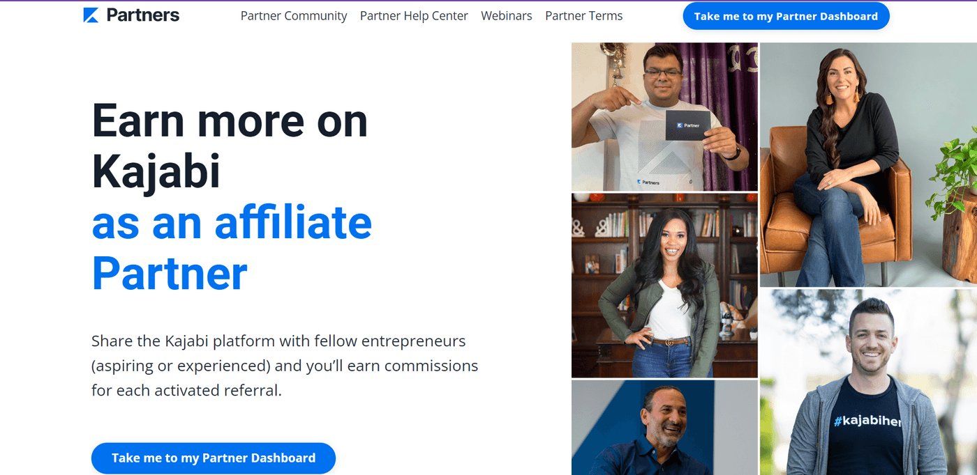 Kajabi affiliate marketing page offering commissions for sharing the platform with aspiring and experienced entrepreneurs.