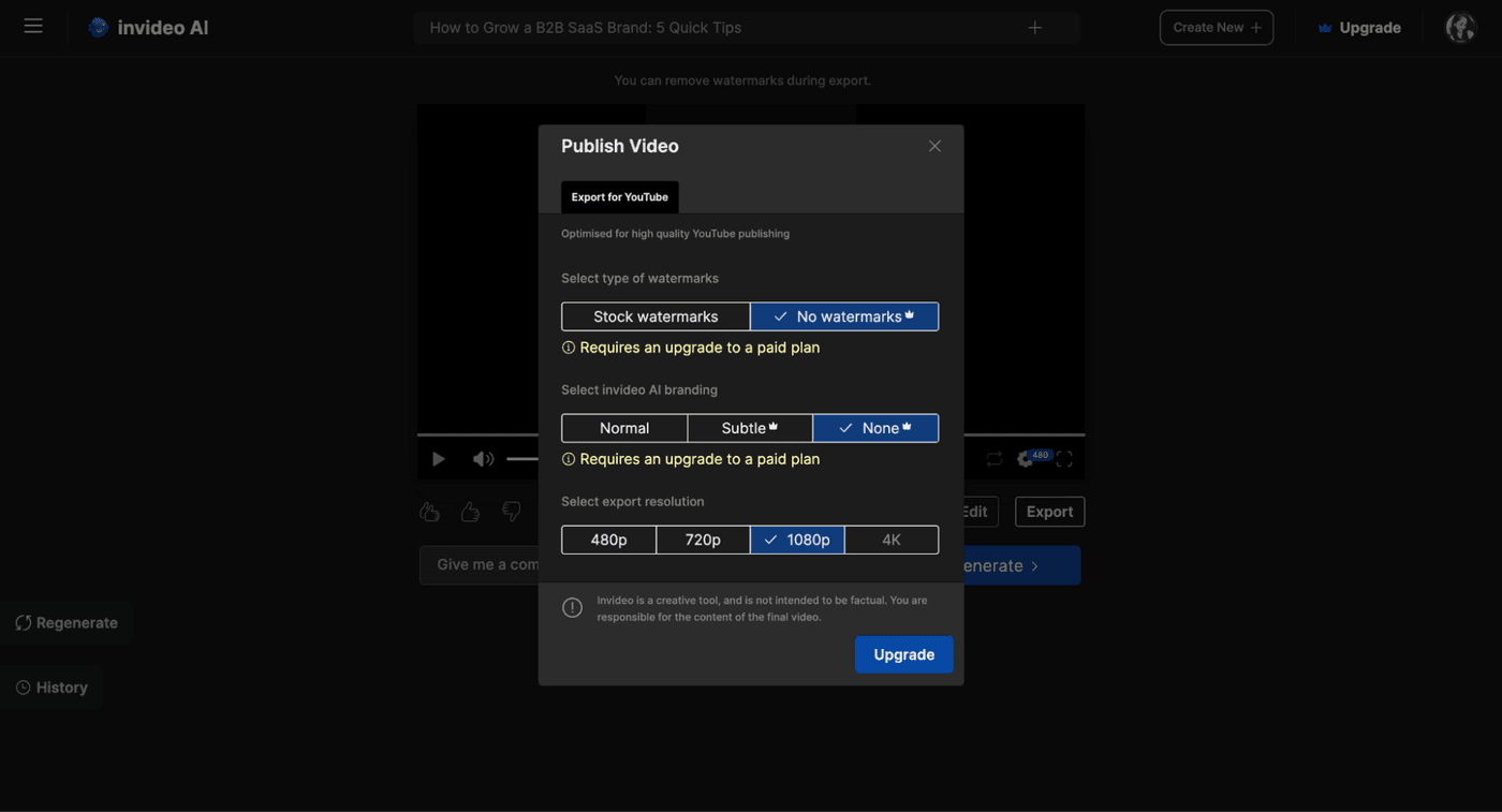 Invideo AI export options include watermark settings, branding choices, and resolution selection up to 1080p.