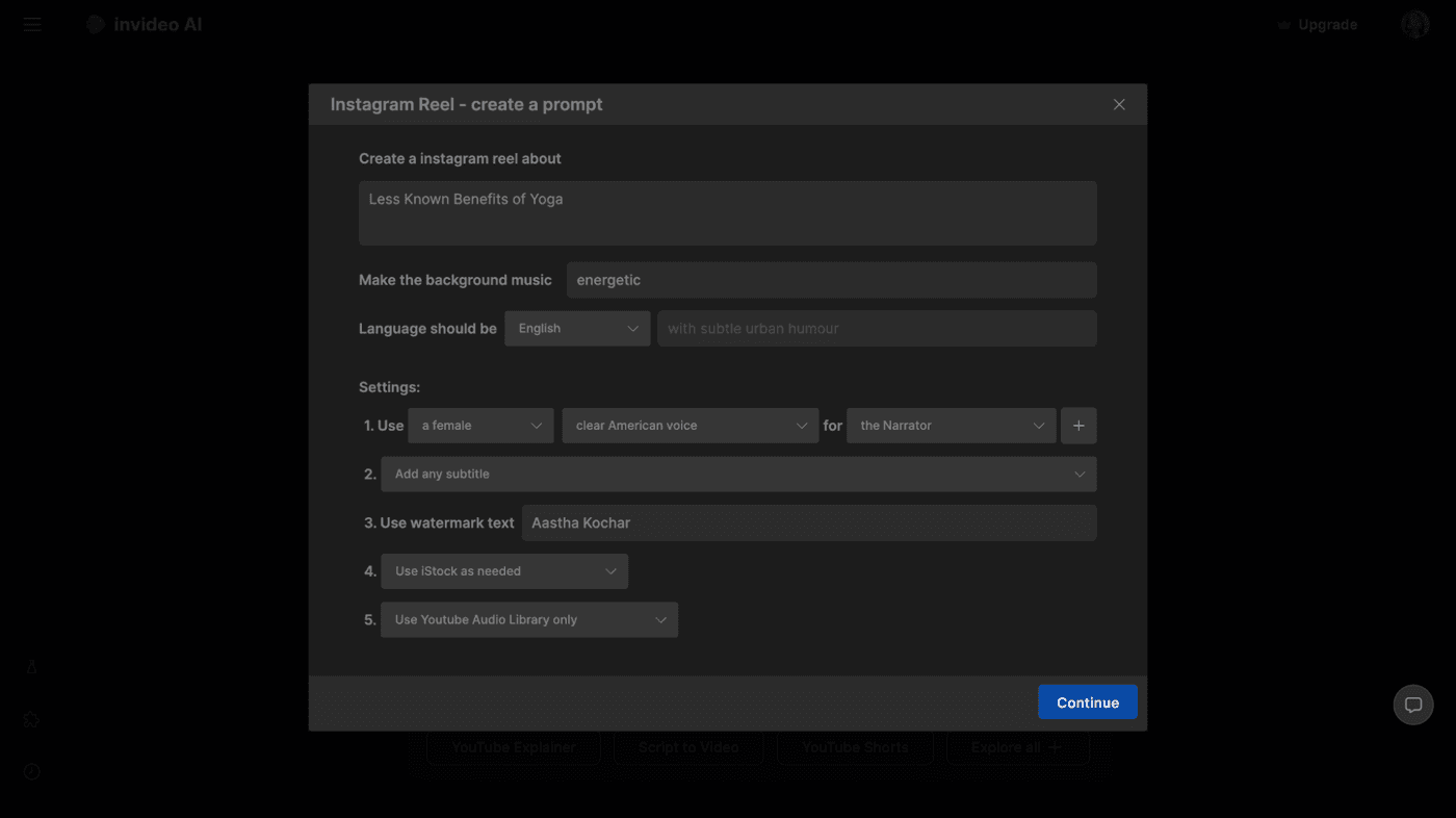 Instagram Reel prompt setup: Less Known Benefits of Yoga with energetic music and subtitles.