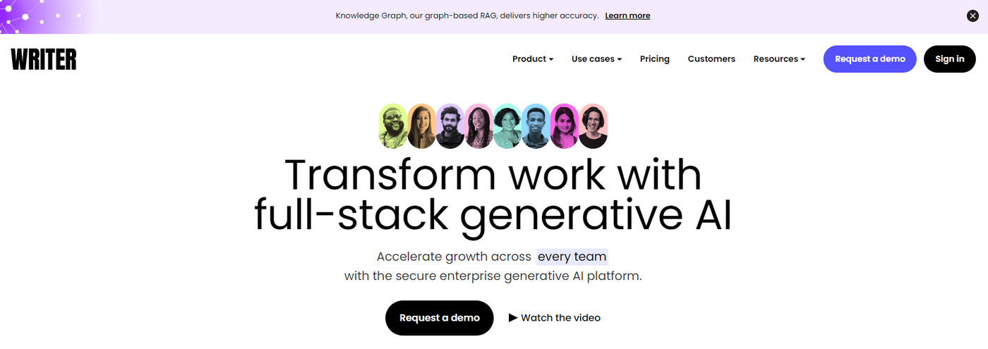 Writer website promoting full-stack generative AI for enterprise teams.