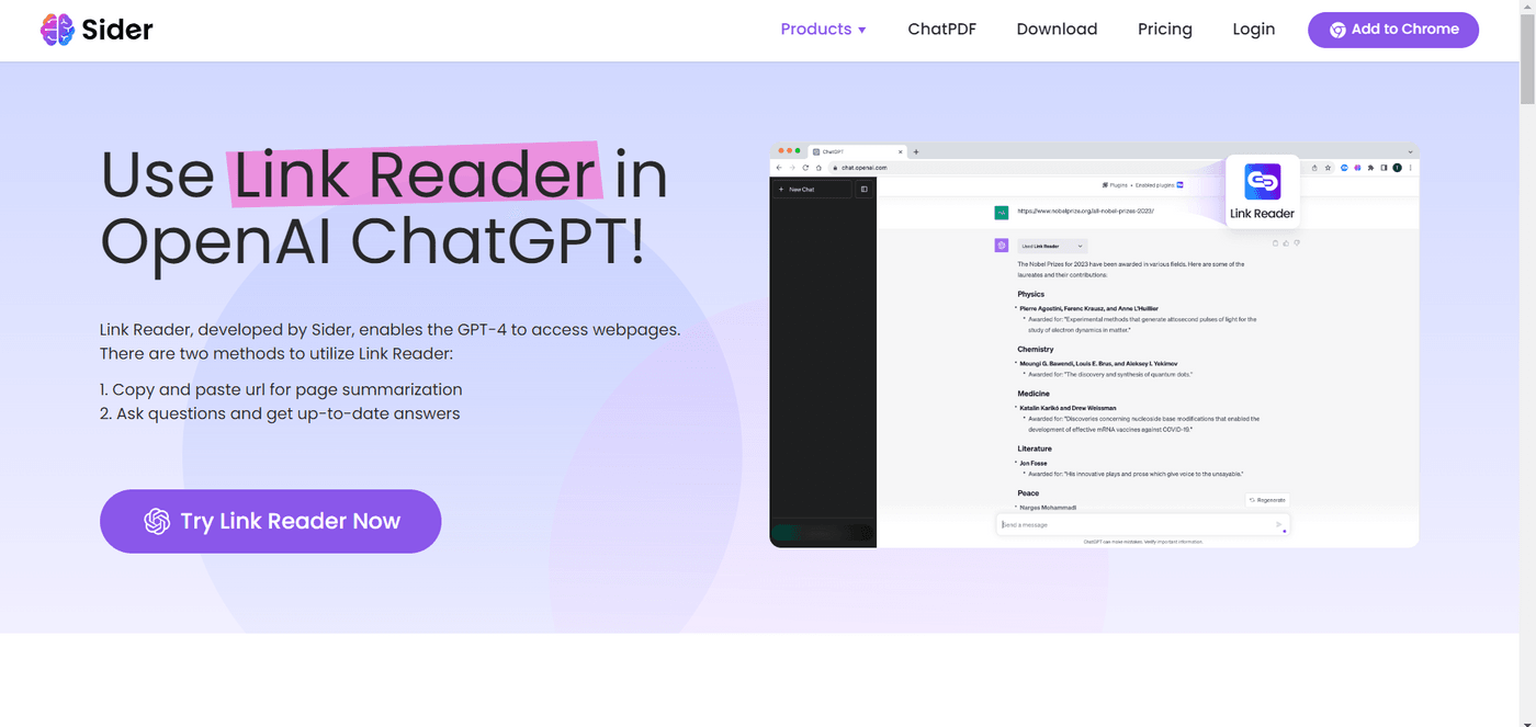 Sider website promoting Link Reader for OpenAI ChatGPT integration.