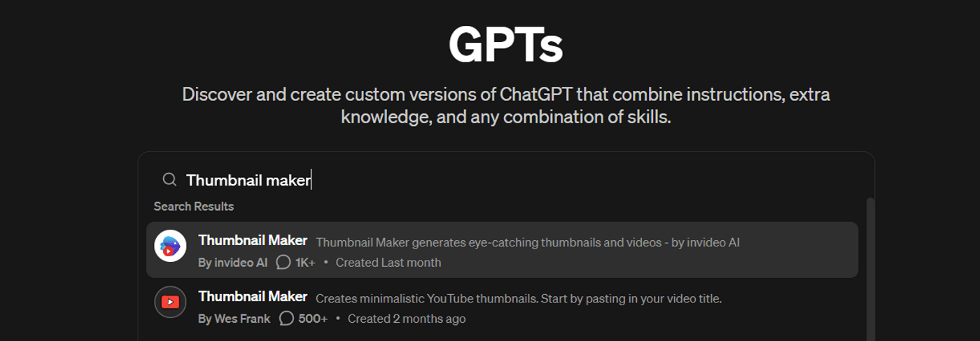 GPTs page shows search results for Thumbnail Maker tools by invideo AI and Wes Frank.