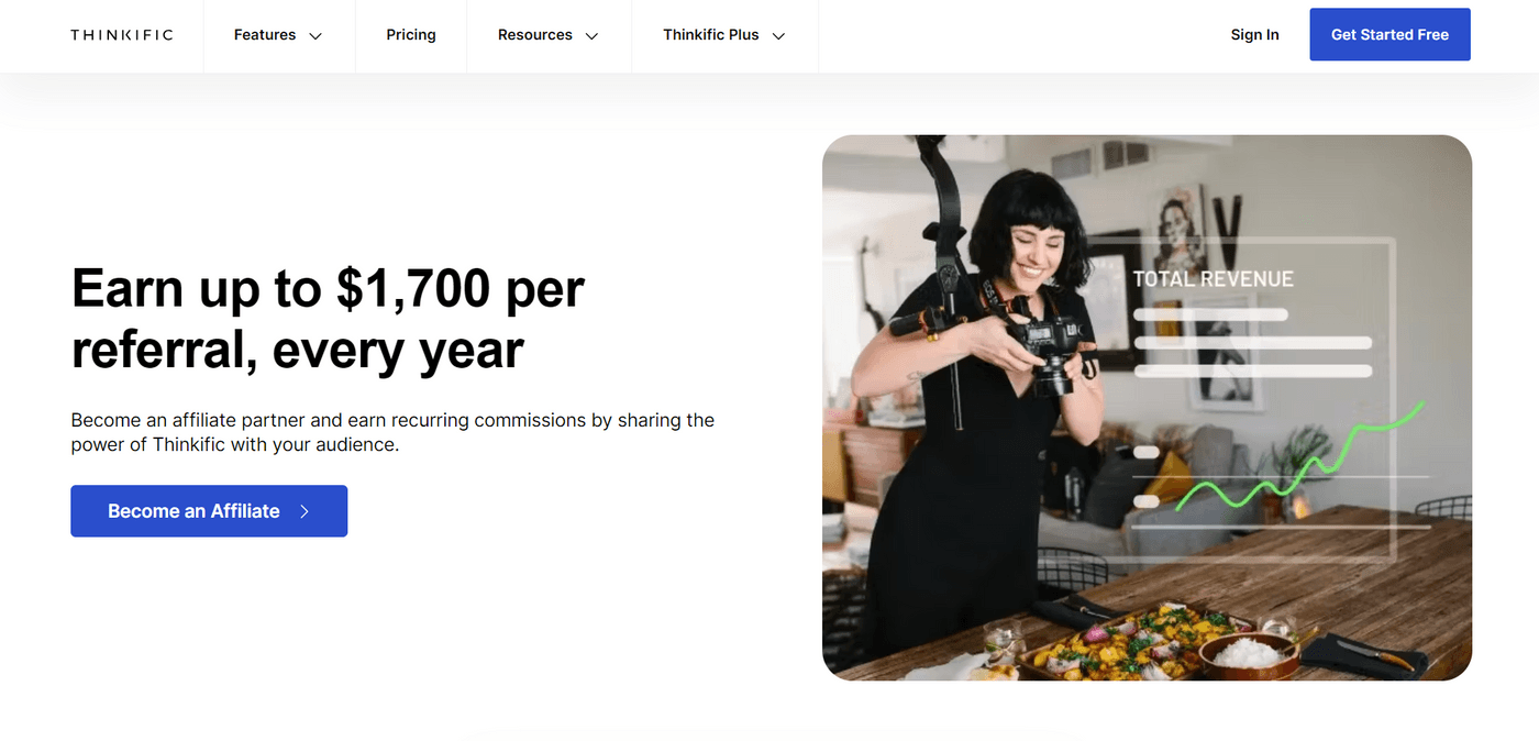 Thinkific affiliate program offering up to $1,700 per referral yearly with recurring commissions for partners.