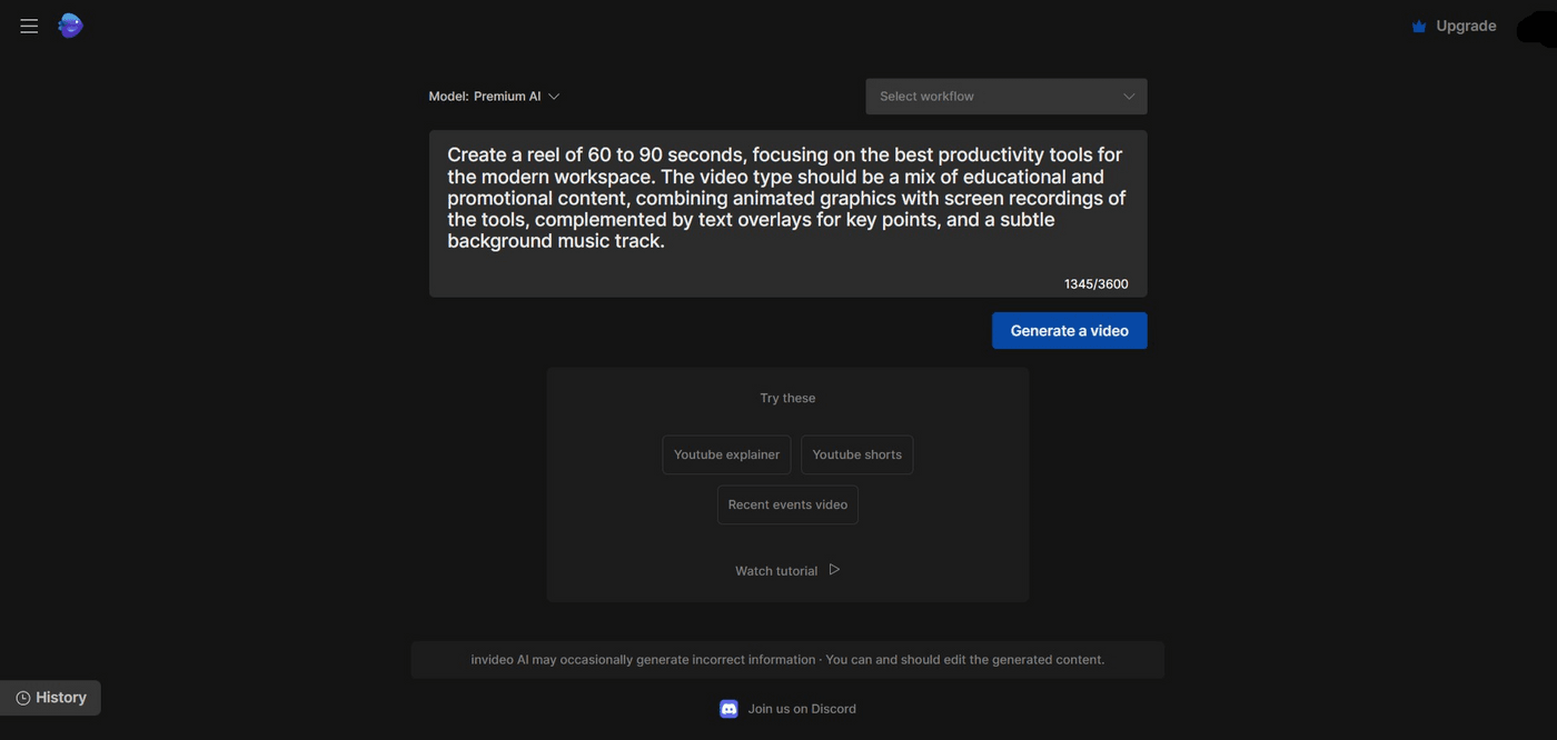 Invideo AI interface creating a reel video with customizable options and workflow.
