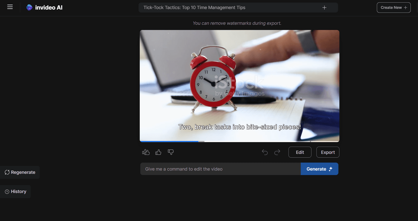 Invideo AI video generating interface, showing a generated video clip with editing options.
