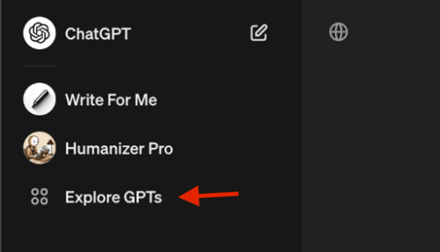 ChatGPT interface sidebar showing options for writing tools, Humanizer Pro, and Explore GPTs navigation menu.
