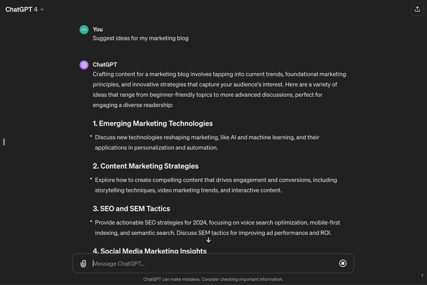 ChatGPT suggests blog ideas, including marketing trends, content strategies, SEO tactics, and social media insights.