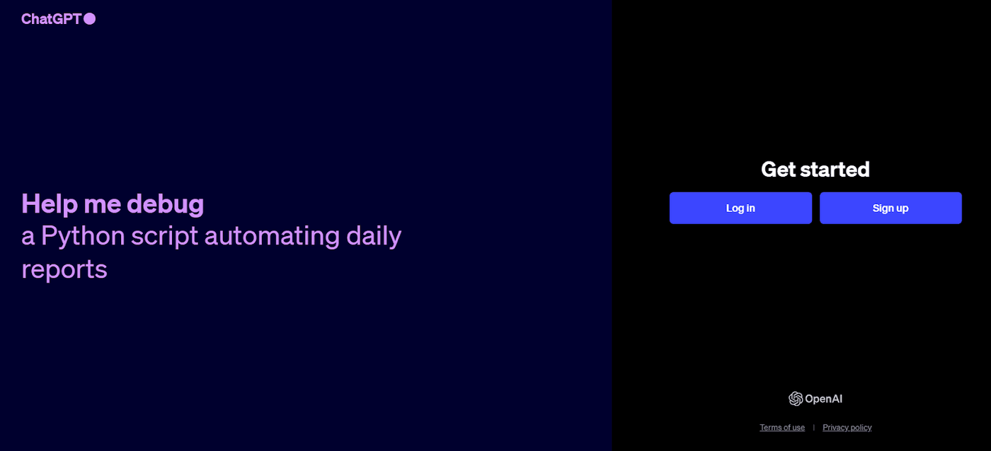 ChatGPT interface displaying 'Help me debug a Python script automating daily reports' with login options.