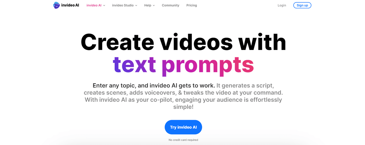 InVideo AI webpage showcasing text-based video creation with user-friendly prompts.