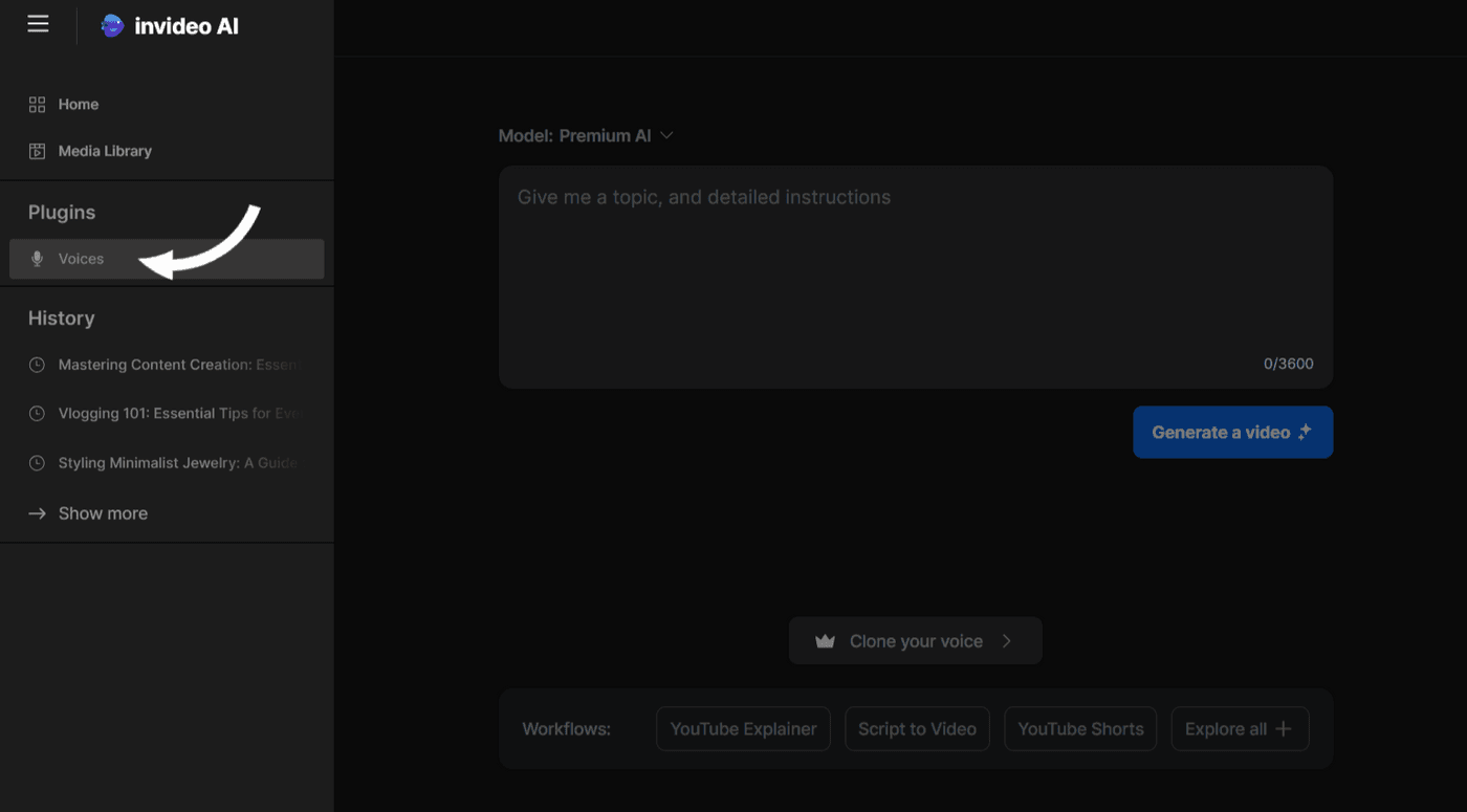 Invideo AI interface with a sidebar highlighting the 'Voices' plugin and video generation options available.