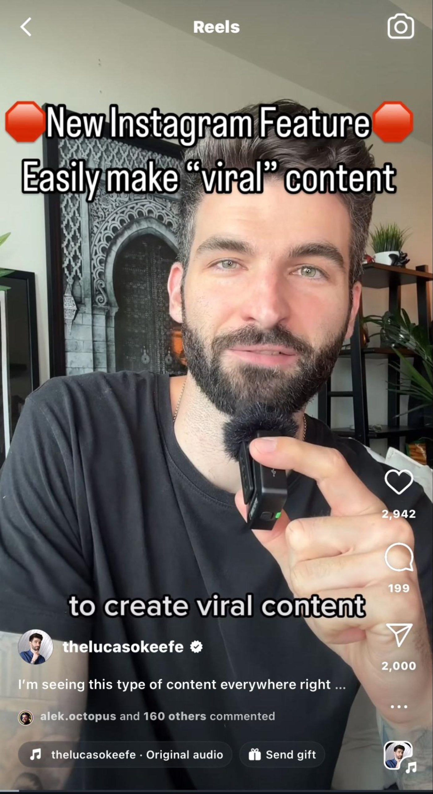 Man shares new Instagram feature tips on creating viral content, holding microphone confidently.