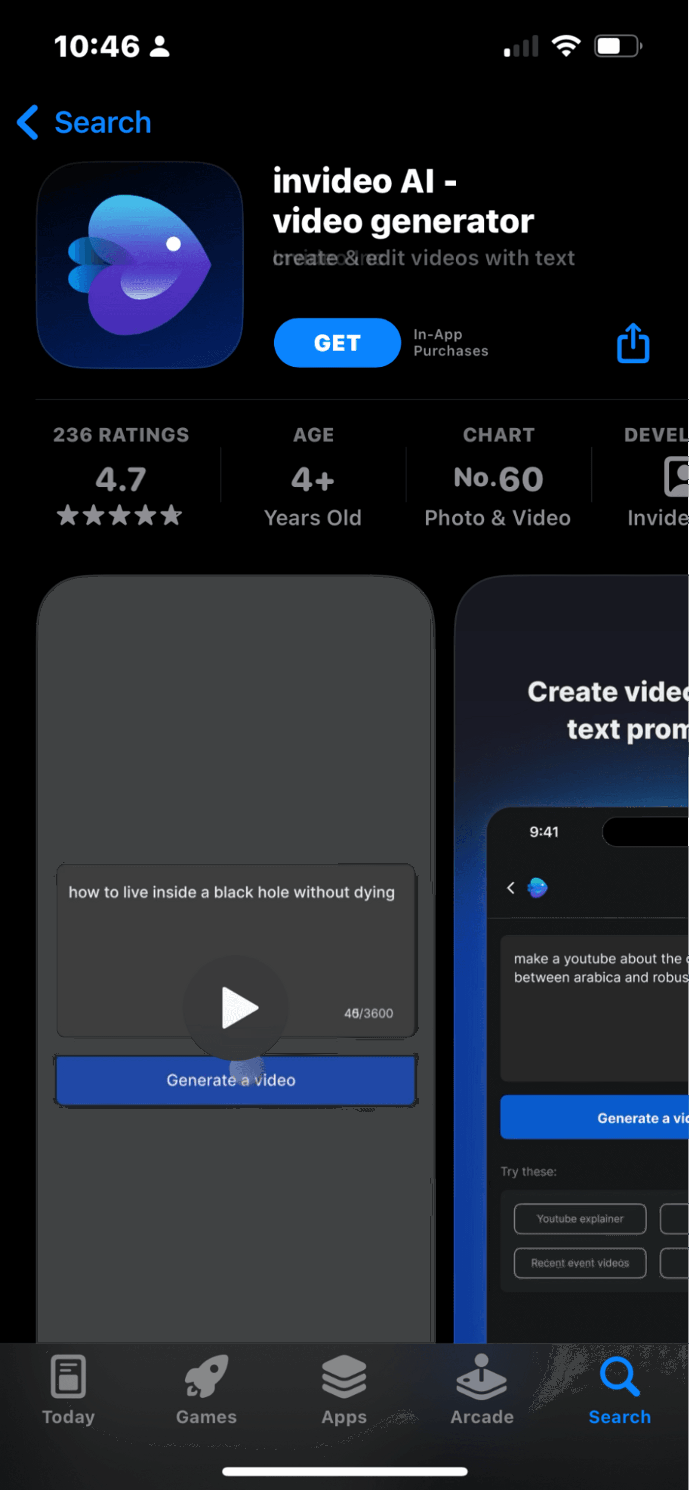 App Store page for Invideo AI, a video generator app with text prompts, rated 4.7 stars.