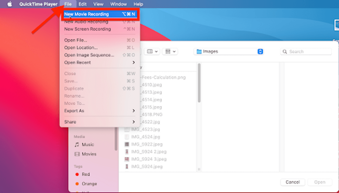 Record a video using QuickTime Player-Step1