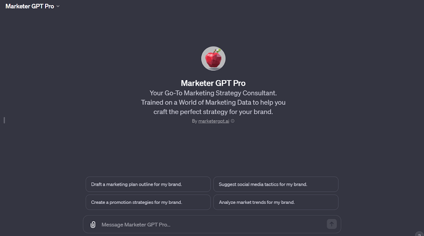 Marketer GPT Pro offering marketing strategies, promotion plans, and social media tactics for brand growth.