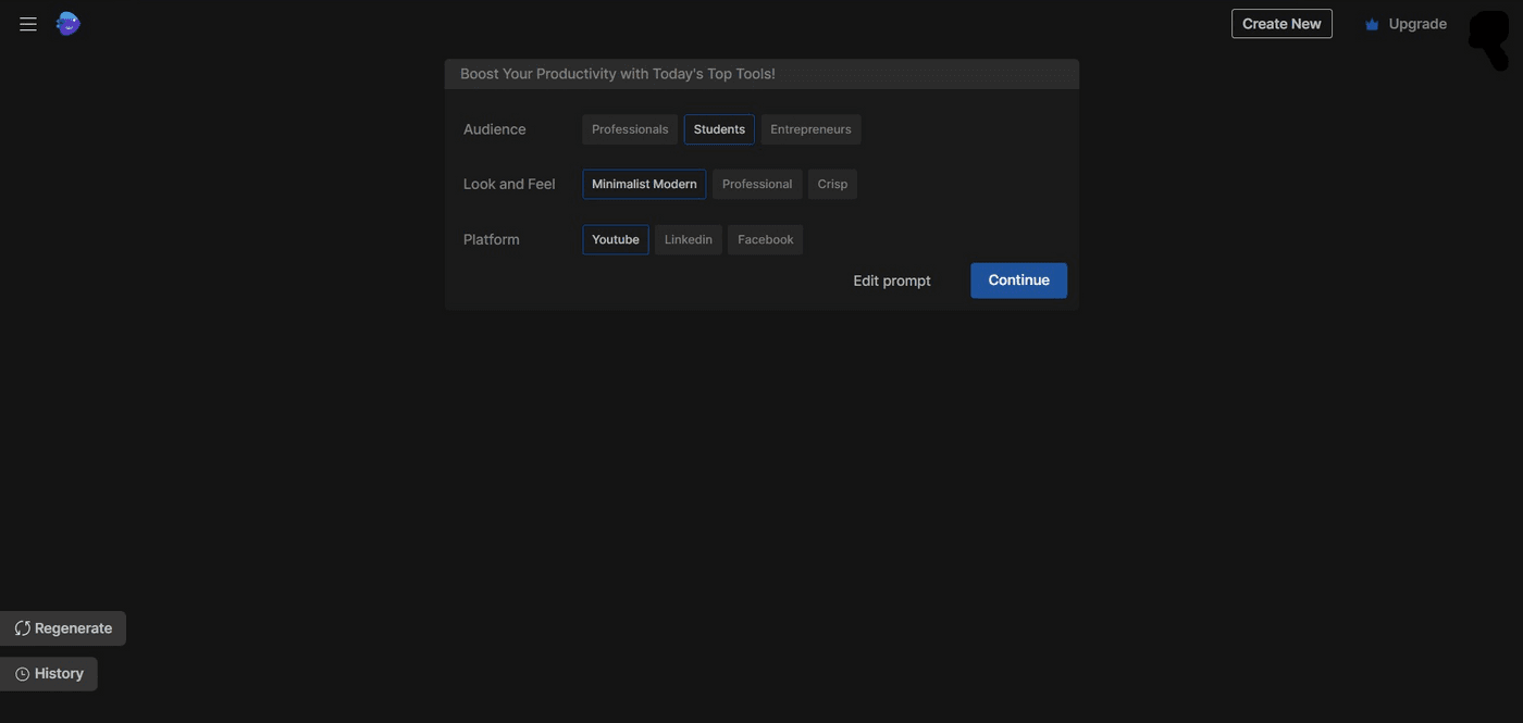 Invideo AI interface showing options for audience, style, and platform selection.