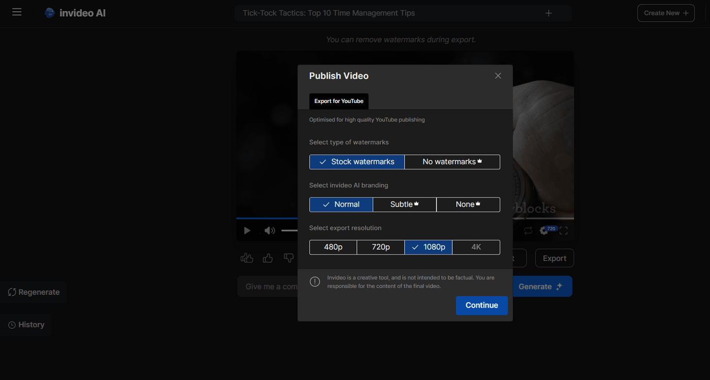 Invideo AI video export settings, allowing users to customize resolution and watermark options.