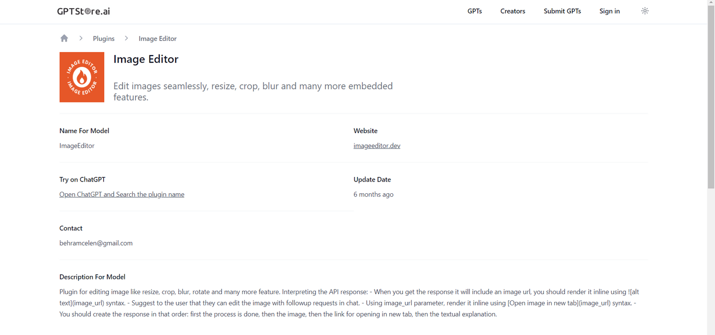 GPTStore.ai Image Editor plugin details, including name, website, contact, and description for image editing features.