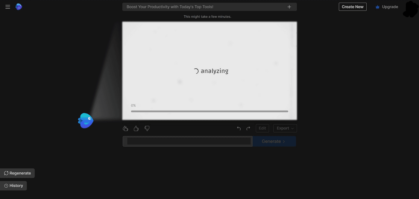 Invideo AI interface displaying video analysis in progress, showing 0% completion.