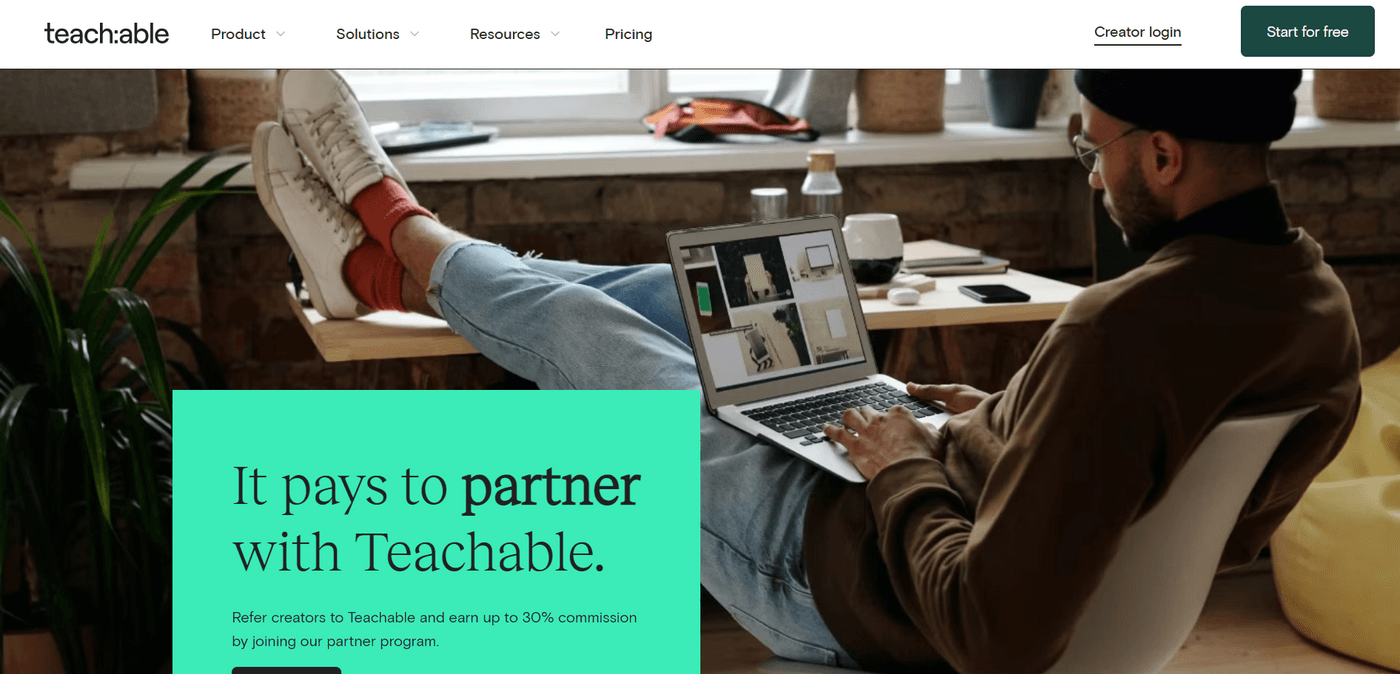 Teachable affiliate program offering up to 30% commission for referring new creators to the platform.
