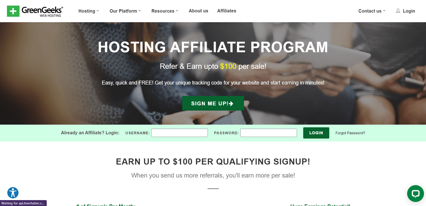 GreenGeeks hosting affiliate program offering up to $100 per sale for referrals, with quick and easy sign-up.