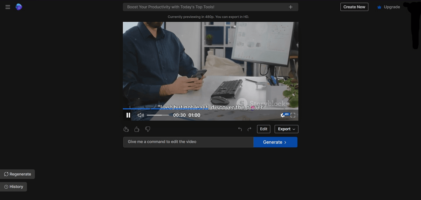 Invideo AI interface previewing a video with editing and export options visible.