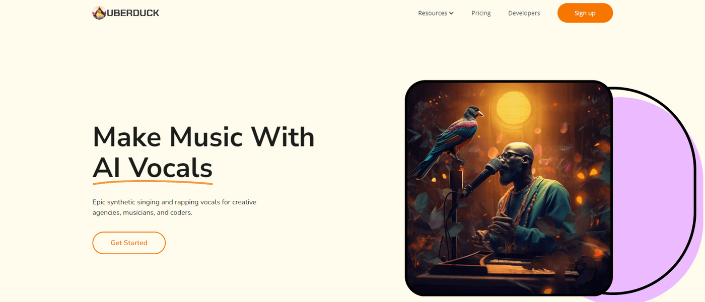 Uberduck AI website for creating music with synthetic AI vocals.