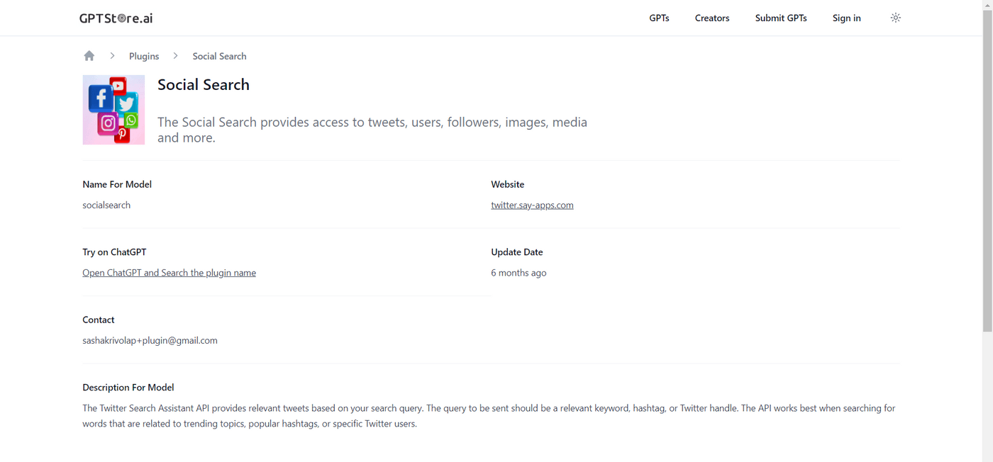 GPTStore.ai Social Search plugin overview, including features, website, contact, and description for social media search.