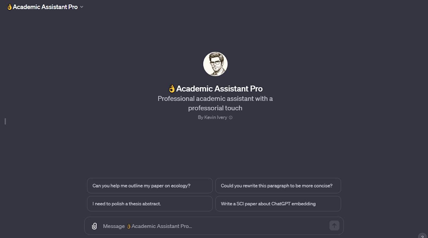 Academic Assistant Pro offering professional help with papers, thesis abstracts, and academic writing refinement.