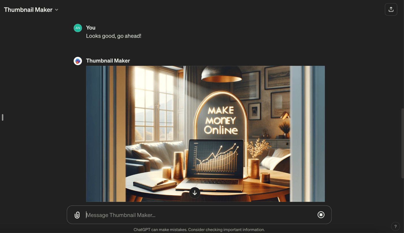 Thumbnail design features 'Make Money Online' text, glowing graph on laptop, cozy home office setting.