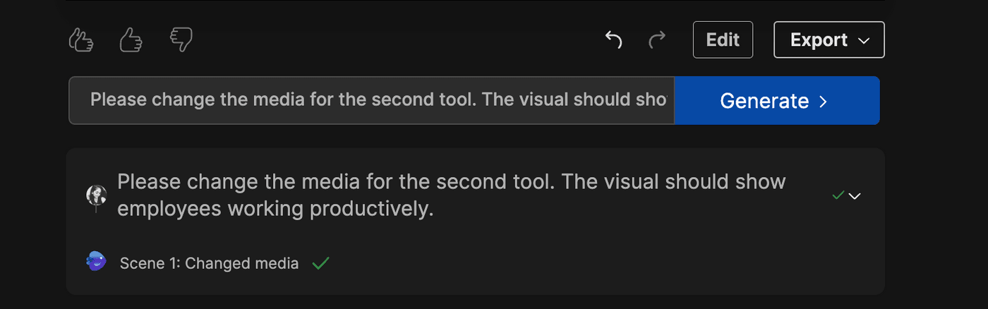 Invideo AI Interface showing prompt to change media with confirmation of changes made.